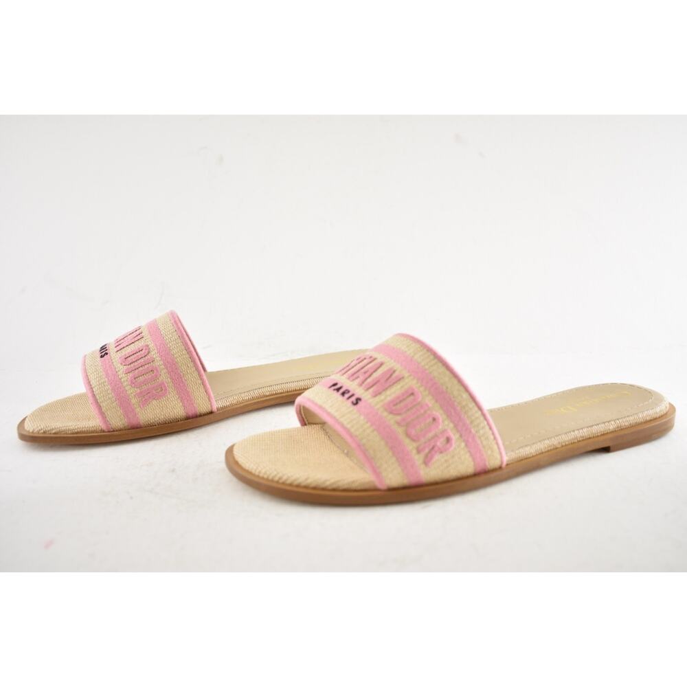 Christian Dior Dway Rose Begonia Pink Raffia Beige Logo Slide Flat Sandal 38.5 - Picture 11 of 13